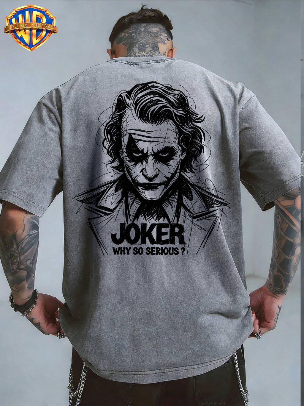 Warner Bros. Official - Cool Line Art Joker Print, American Vintage Washed Distressed T-Shirt, Suitable for Daily Commuting and Outdoor Wear, Machine Washable, Unisex - Grey