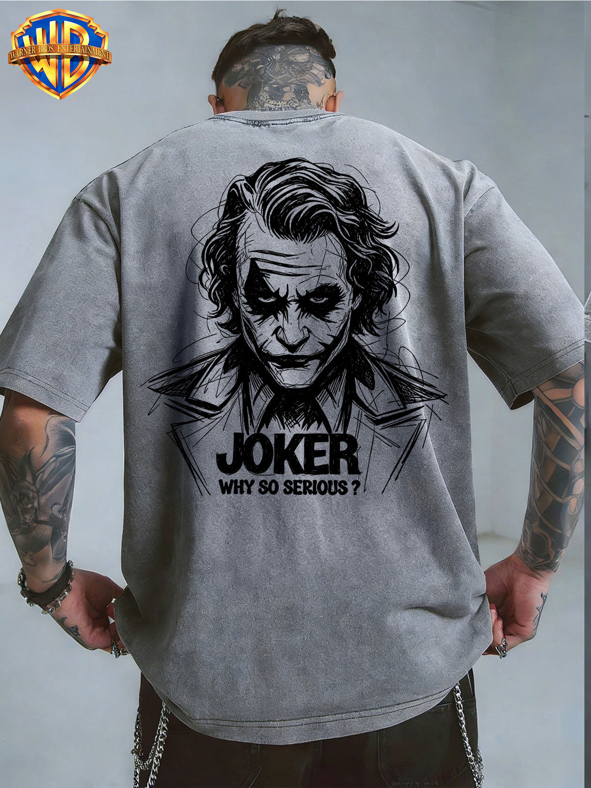 Warner Bros. Official - Cool Line Art Joker Print, American Vintage Washed Distressed T-Shirt, Suitable for Daily Commuting and Outdoor Wear, Machine Washable, Unisex - Grey