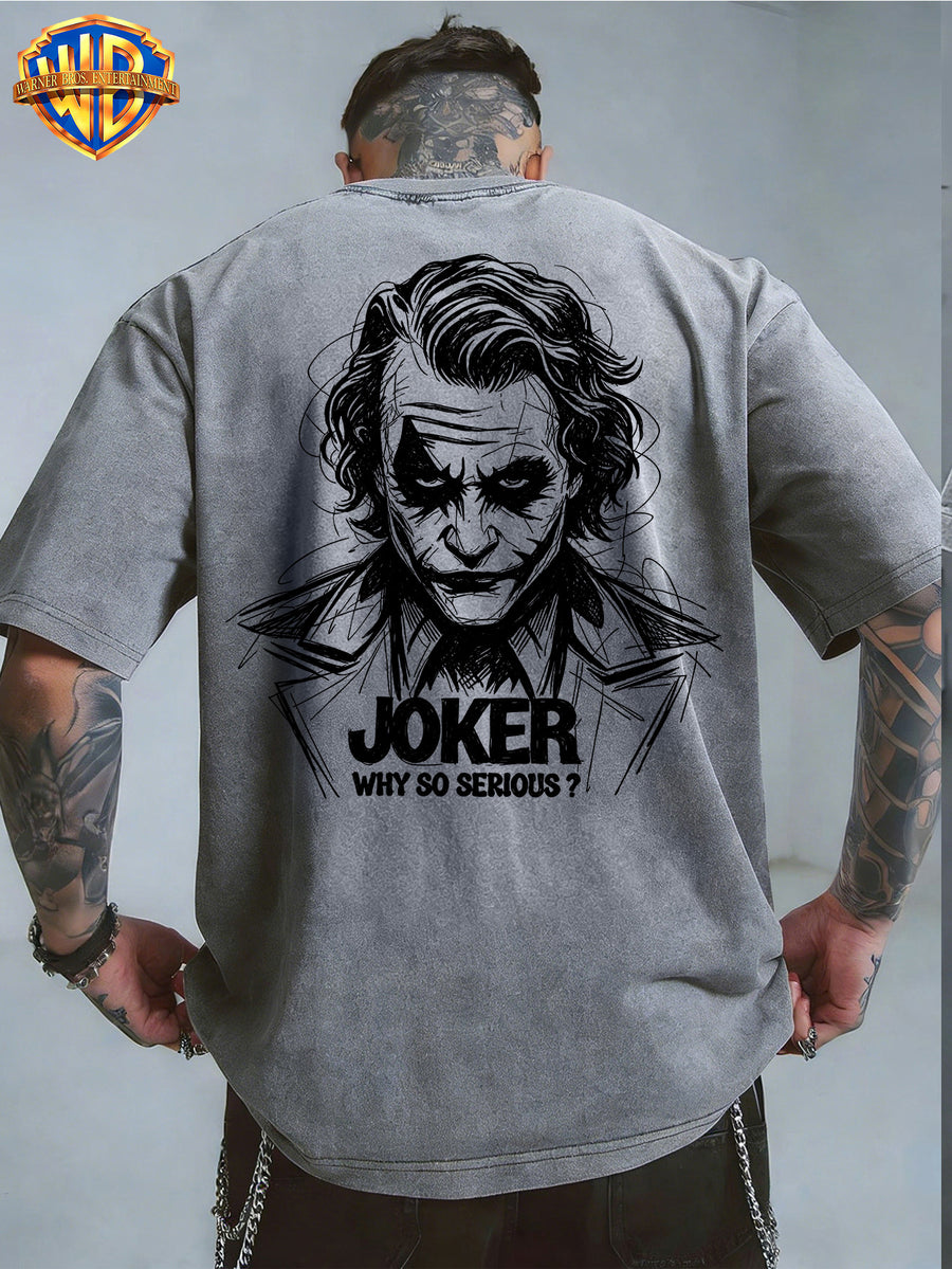 Warner Bros. Official - Cool Line Art Joker Print, American Vintage Washed Distressed T-Shirt, Suitable for Daily Commuting and Outdoor Wear, Machine Washable, Unisex - Grey