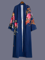 Japanese-style Rose Print Mid-length Three-quarter Sleeve Kimono Cardigan, Lightweight Outerwear for Women, Elegant European and American Ethnic-inspired Streetwear Casual Cover-up, Beach Vacation Travel Uchikake-style Thin Cape Coat, Home Yukata - Blue
