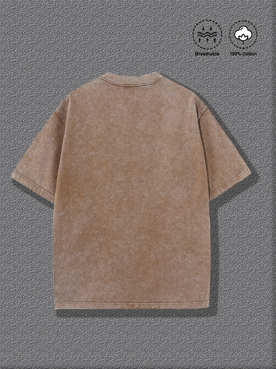 Men's 100% Pure Cotton Short-Sleeve T-Shirt, Summer Casual Versatile Crew Neck Top with Geometric Line Abstract Art Print, Breathable and Sweat-Wicking Fabric, Vintage Washed Distressed Style, Suitable for Daily Commuting, Parties, and Running - Coffee Color