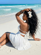 New Women's Solid Color Lace-Up Drawstring Backless Asymmetrical A-Line Umbrella Skirt Mini Dress, a Fashionable and Elegant Choice for Seaside Beach Vacations, Dates, Parties, Street Fashion, and Daily Wear as a Dress, Suitable for Spring and Summer - White