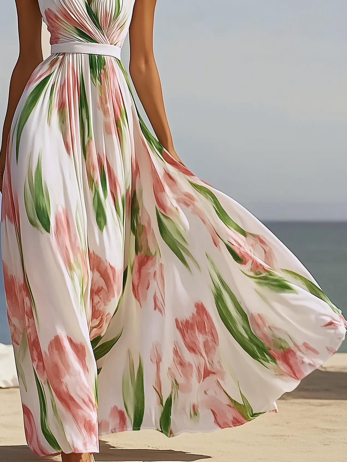 Women's French-Style Halter Neck Dress - Backless A-Line Beach Dress with Pink Floral Print & Cinched Waist, White Suitable for Vacations, Garden Parties, Weddings, Prom - Machine Washable Bohemian Dress - pink