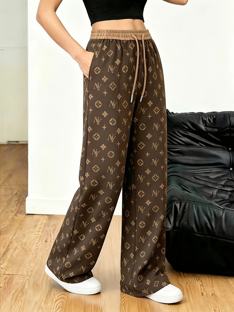Women's Minimalist Printed Casual Pants, Drawstring Pocket Straight-Leg Trousers, Machine Washable and Hand Washable - Reddish Brown