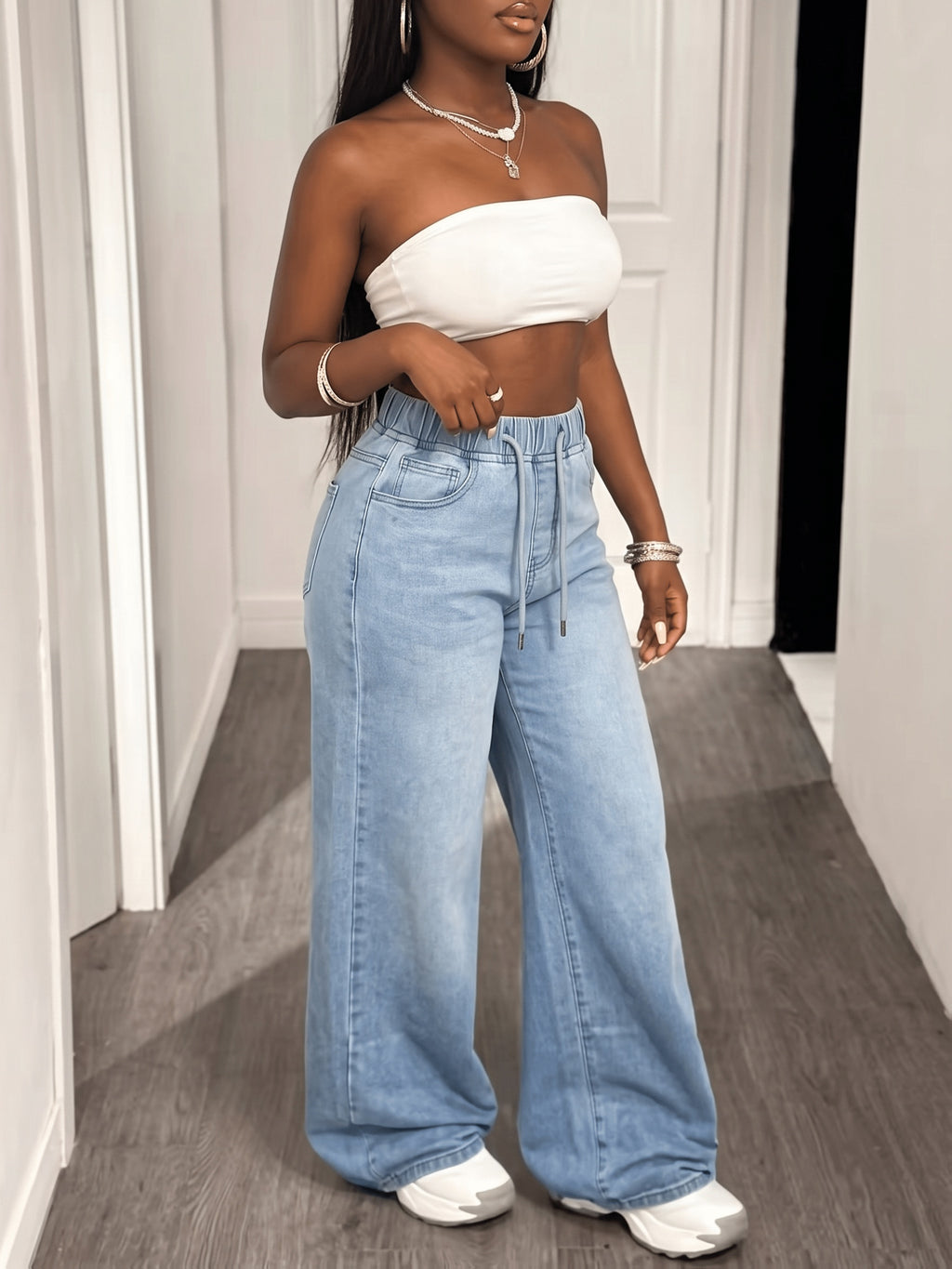 Women'S High-Waist Elastic Waist Drawstring Straight-Leg Jeans, Light Wash Loose Wide-Leg Trousers, Casual Street Style Commuter Pants - Blue