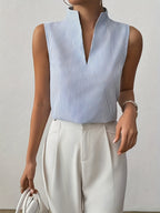 Women's Striped V-Neck Sleeveless Pullover Fashion Vest Blue Shirt for Summer - Sky Blue