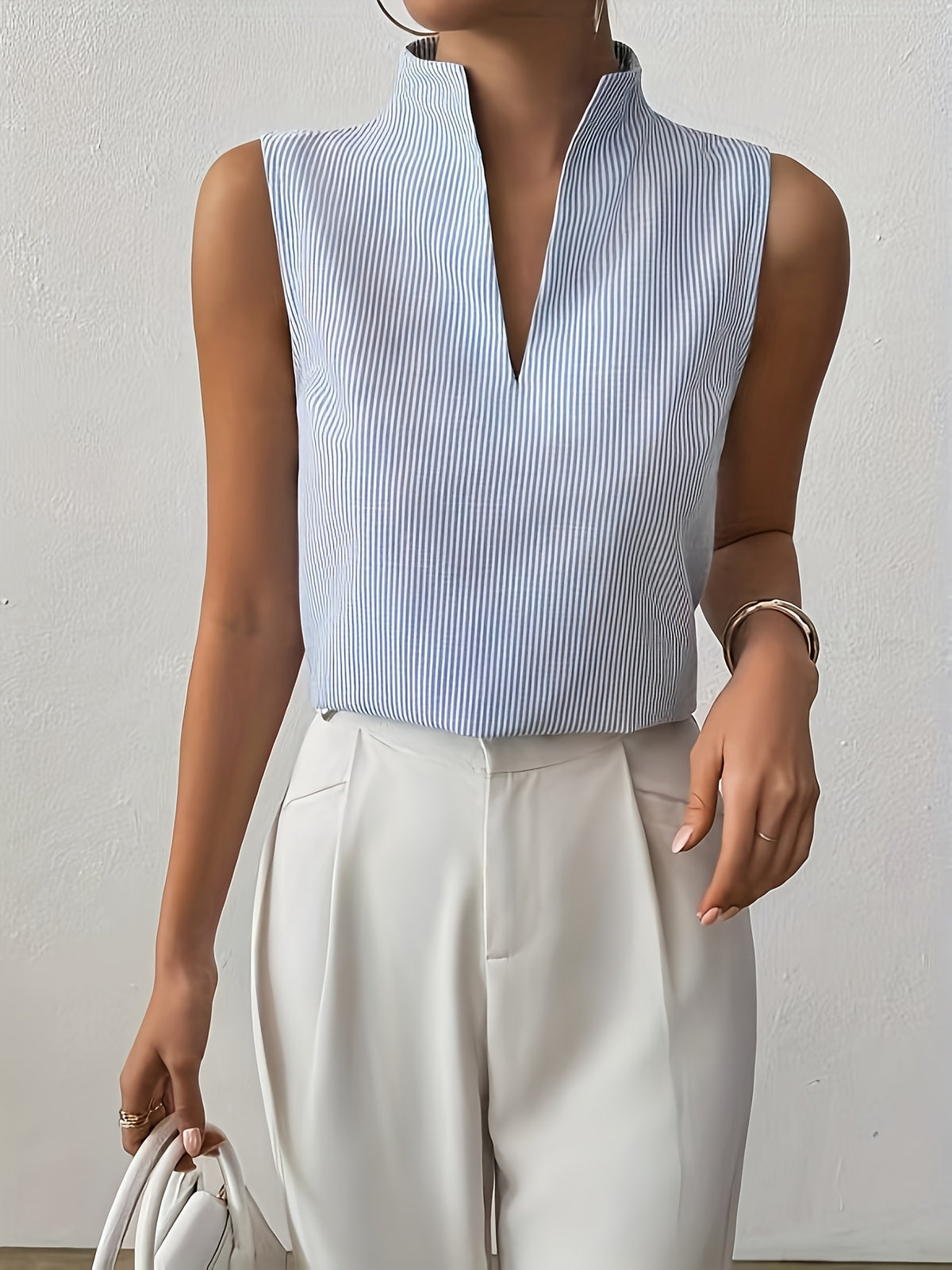 Women's Striped V-Neck Sleeveless Pullover Fashion Vest Blue Shirt for Summer - Sky Blue