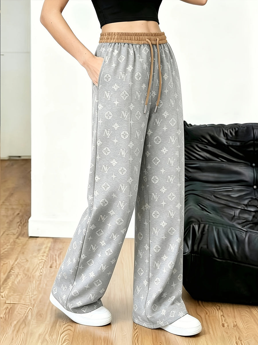 Women's Minimalist Printed Casual Pants, Drawstring Pocket Straight-Leg Trousers, Machine Washable and Hand Washable - Light Grey