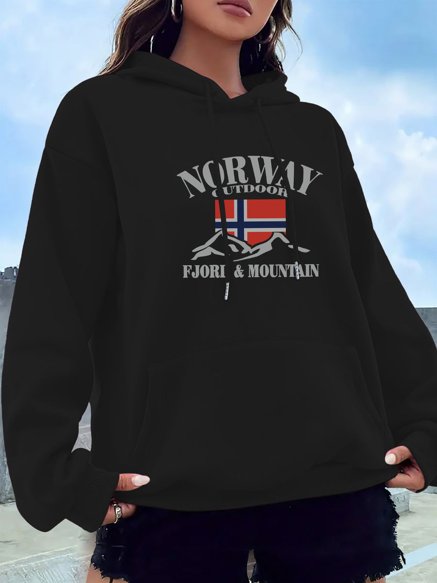 2025 New Women's American Fashion Casual Norwegian Outdoor Letter Print Hoodie with Kangaroo Pocket and Drawstring, 100% Polyester Fabric, Machine Washable, All-Season Y Sweatshirt - Black