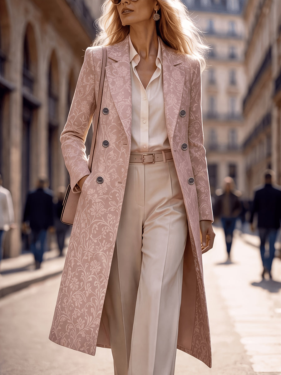 Women'S Spring Autumn New Vintage Printed Long Blazer, Double-Breasted Coat with Lining And Pockets - Sakura Pink