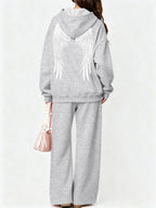 Halloween 2027NEW 2pcs Women's AutumnWinter Hooded Sweatshirt And Wide-Leg Pants Suit Kangaroo Pocket Long-Sleeve Jacket Wide-Leg Pants Suit Casual S Loose Suit Christmas Black Friday Cyber (27) - Grey