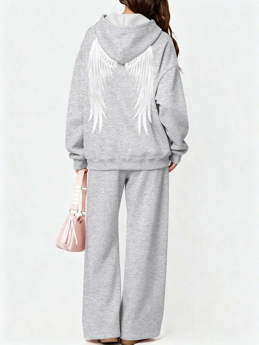 Halloween 2027NEW 2pcs Women's AutumnWinter Hooded Sweatshirt And Wide-Leg Pants Suit Kangaroo Pocket Long-Sleeve Jacket Wide-Leg Pants Suit Casual S Loose Suit Christmas Black Friday Cyber (27) - Grey