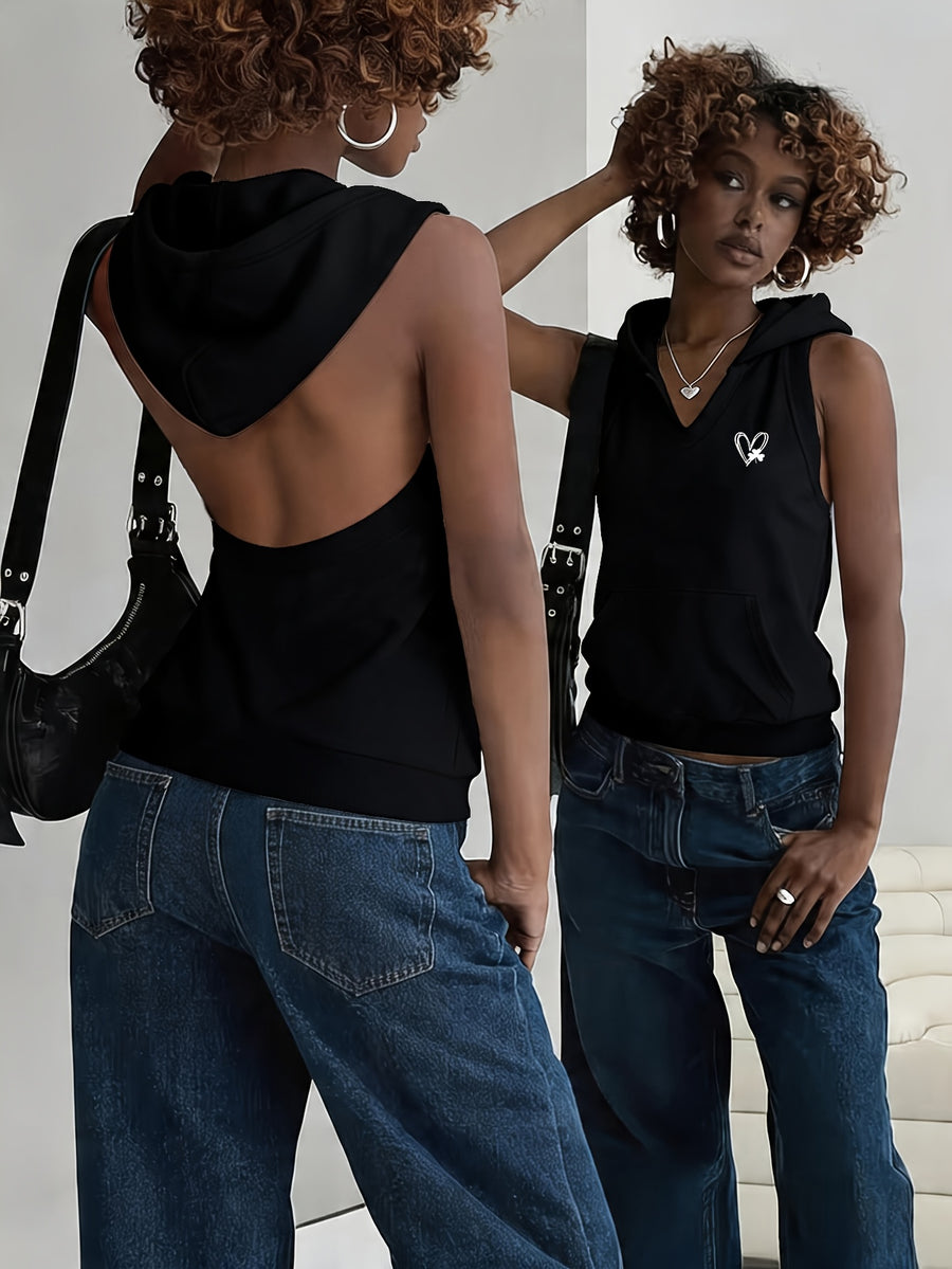 Y2K American Vintage Spicy Style Backless Hooded Vest, Sleeveless Slim-Fit Cropped Top, Summer Casual Versatile - Black