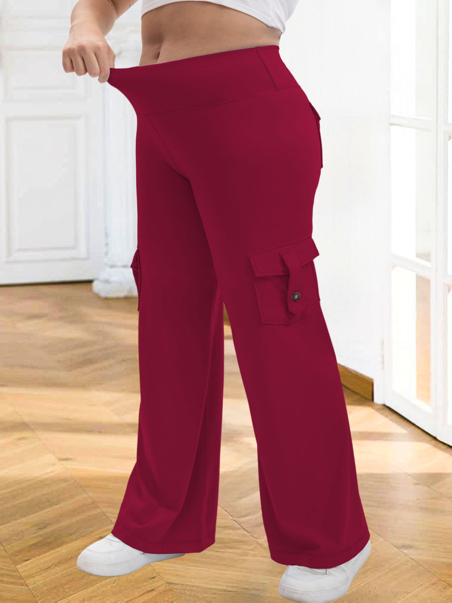 1pc Of Large-Size Women's Sports Wide-Leg Pants, Casual Home Wide-Leg Pants with 4 Strap Pockets, High Waist And Tummy Control, Moisture Wicking, Suitable for Outdoor Sports Fitness, Running Exercise, Daily Wear Women's Large-Size Trousers - Burgundy