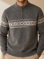 Du Jing Lan OBM Spring/Autumn New Arrival Men's Knitted Pullover, Old Money Style Contrast Color Stand-Up Collar Half-Open Placket Long Sleeve Knitted Pullover, Men's Business Casual Fashion Ribbed Sweater with Stand-Up Collar and Half-Open Placket - Dark Gray