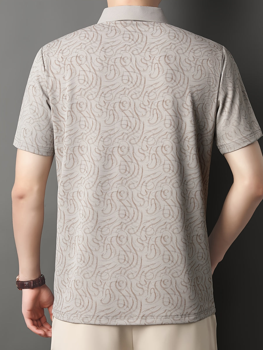 [Saa Xing OBM] 1pc Spring/Autumn New Men'S Polo Shirt, Old Money Style Textured Contrast Print Half-Button Collar Short Sleeve T-Shirt, Fashionable And Versatile Pullover Base Layer Top, Suitable for Spring, Summer, Autumn Wear, Fits Daily Casual - Khaki 1