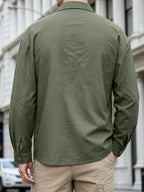 European and American Men's Solid Color Textured Versatile Casual Workwear Shirt, High Street Instagram Style Lapel Pullover Shirt - Military Green