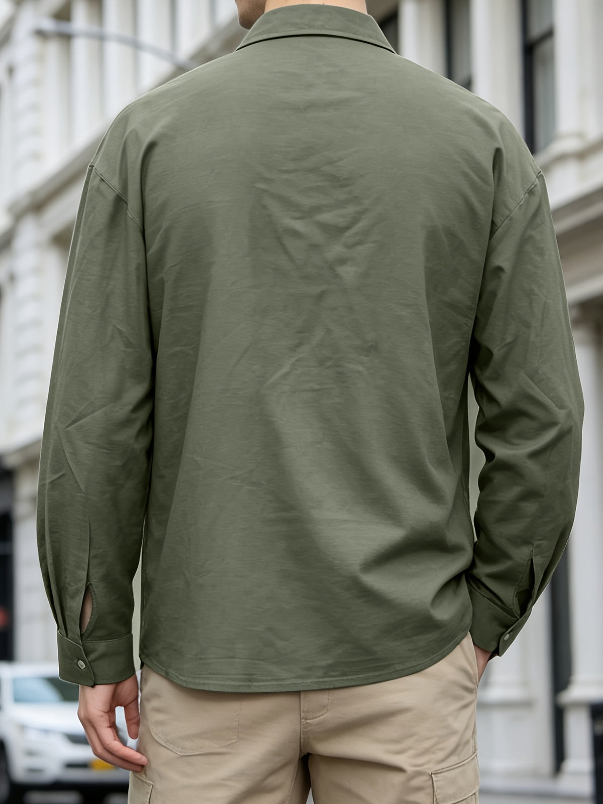 European and American Men's Solid Color Textured Versatile Casual Workwear Shirt, High Street Instagram Style Lapel Pullover Shirt - Military Green