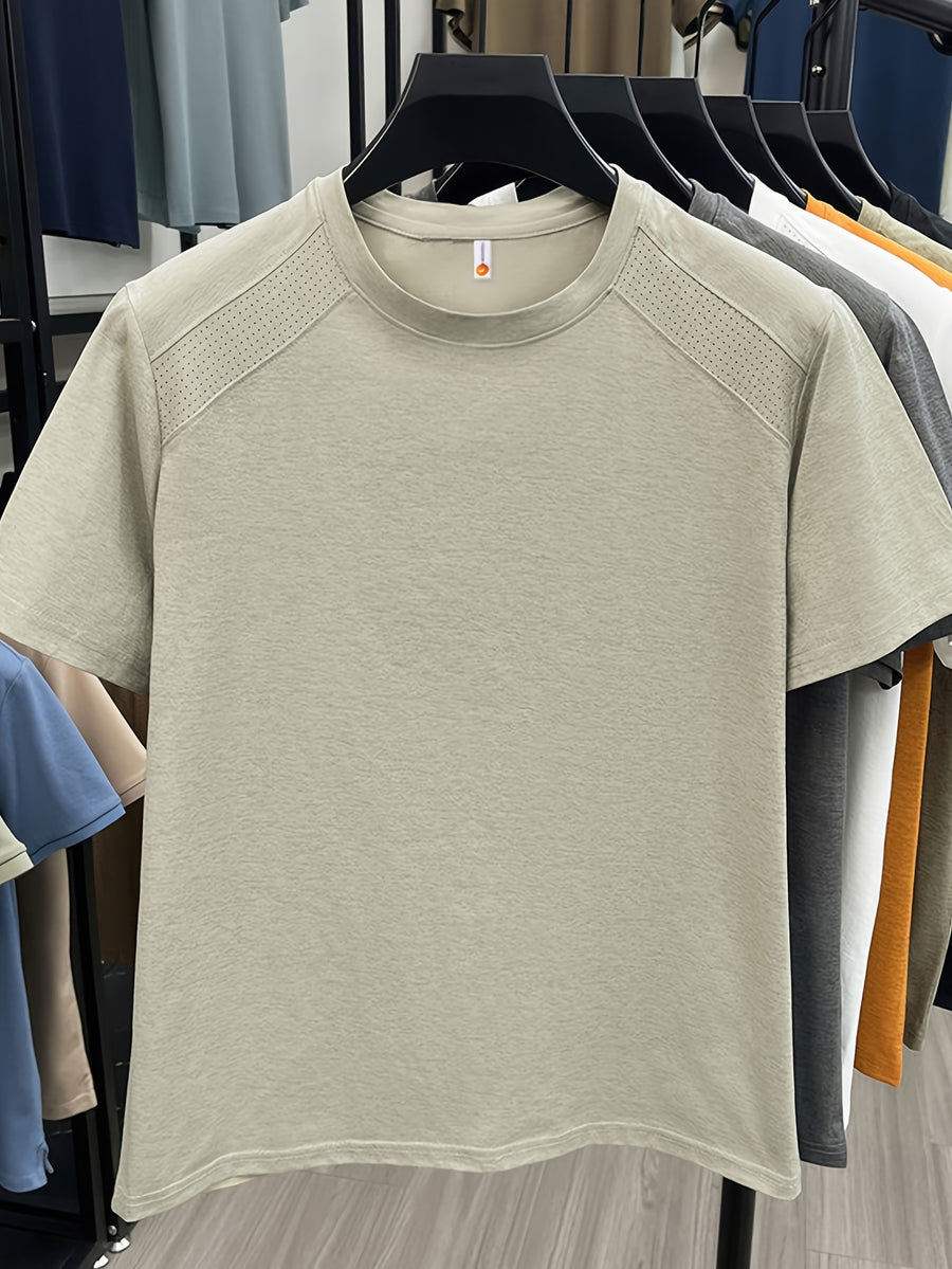 Men'S Solid Color Quick-Dry Round Neck T-Shirt, Versatile for Daily Commute And Light Sports, Breathable with Micro-Perforations, Enhanced Ventilation, Comfortable And Non-Sticky in Summer - Beige Color