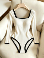 3pcs Set Women'S Square Neck Long Sleeve Bodysuit Sheath Bodysuit Ribbed Spring Fall Base Layer Sweater Autumn Winter Inner Wear Commute Elegant Women'S Casual Shopping Versatile Elegant Women'S Clothing ZLLZ - White + Apricot Color + Khaki