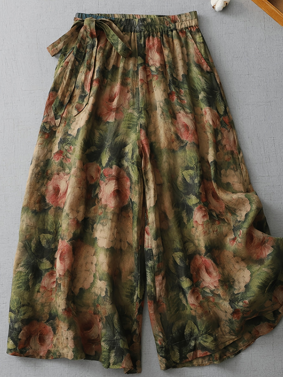 Elegant Print, And Wide-Leg Pants, Women'S New Spring And Summer - Elastic Waist - Tie-Up Nine-Point Culottes - Red