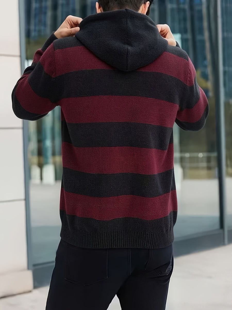 Men's Striped Hooded Knitwear Spring/Autumn Henley Collar Button Drawstring Pullover Sweater Casual Long Sleeve Color Block Top - Black And Red
