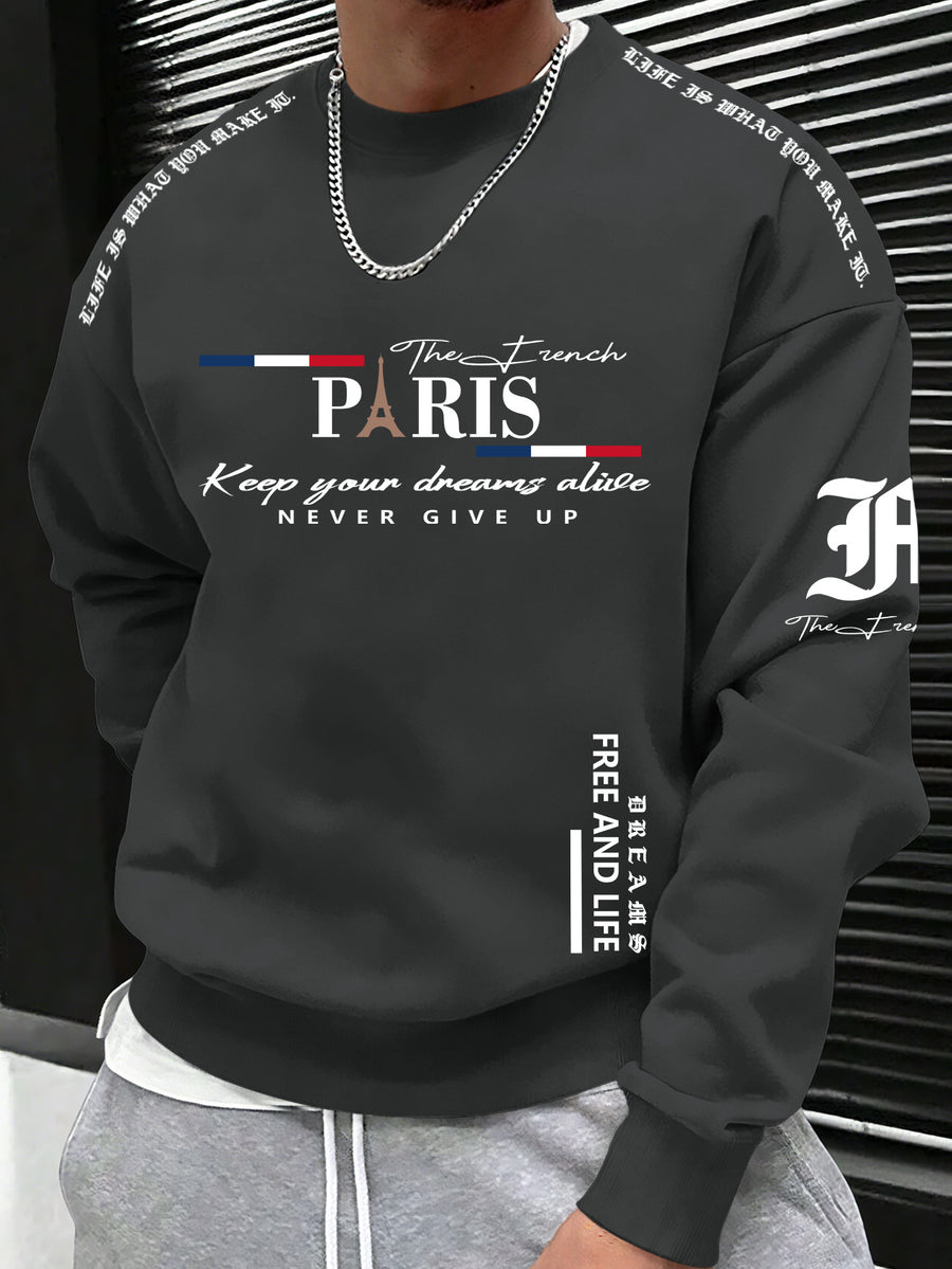 Men's Casual Streetwear Sweatshirt with Black and Red Striped Letter Print - Grey