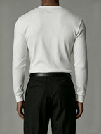 [Josh Mei OBM] Western Minimalist Men'S White Henley Shirt, Premium Gray Texture V-Neck Top, Urban Gentleman Casual Commute Wear - White