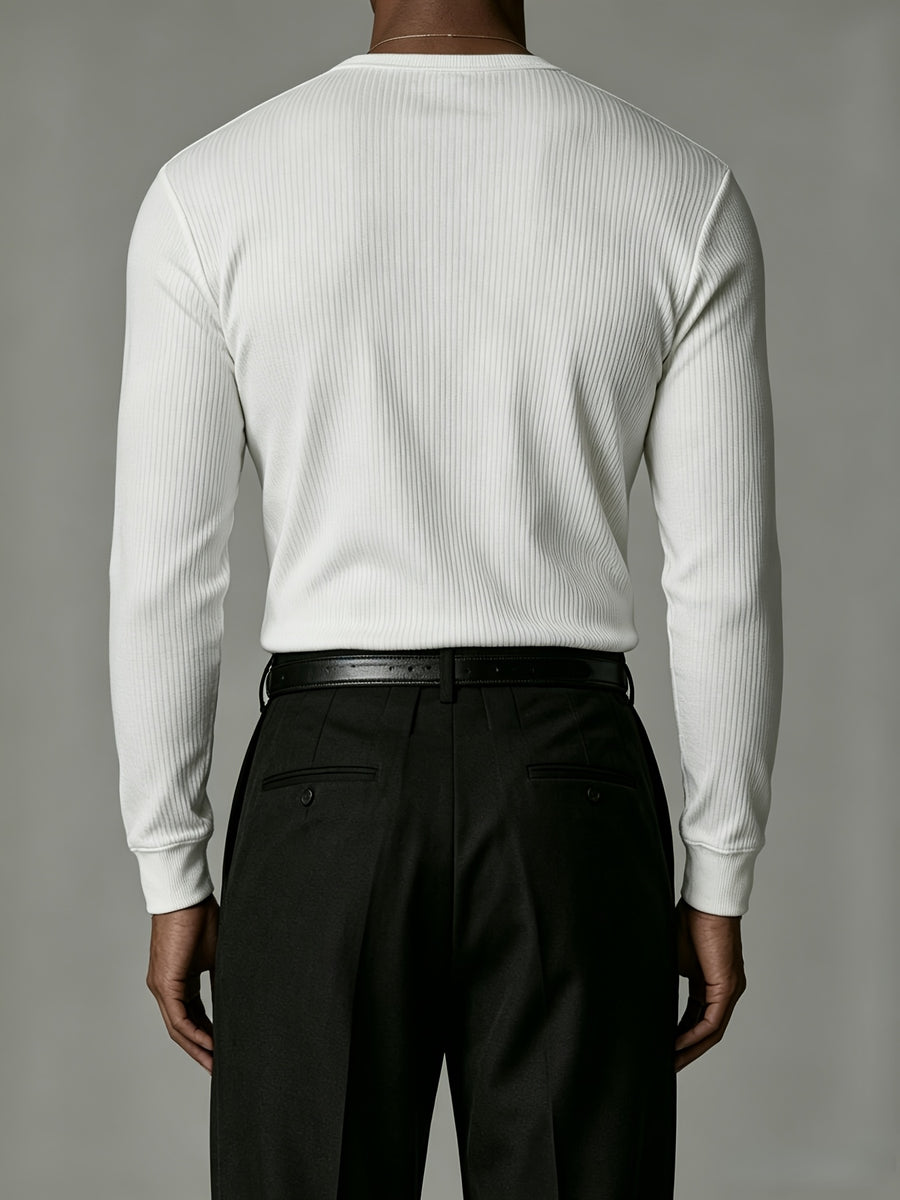 [Josh Mei OBM] Western Minimalist Men'S White Henley Shirt, Premium Gray Texture V-Neck Top, Urban Gentleman Casual Commute Wear - White