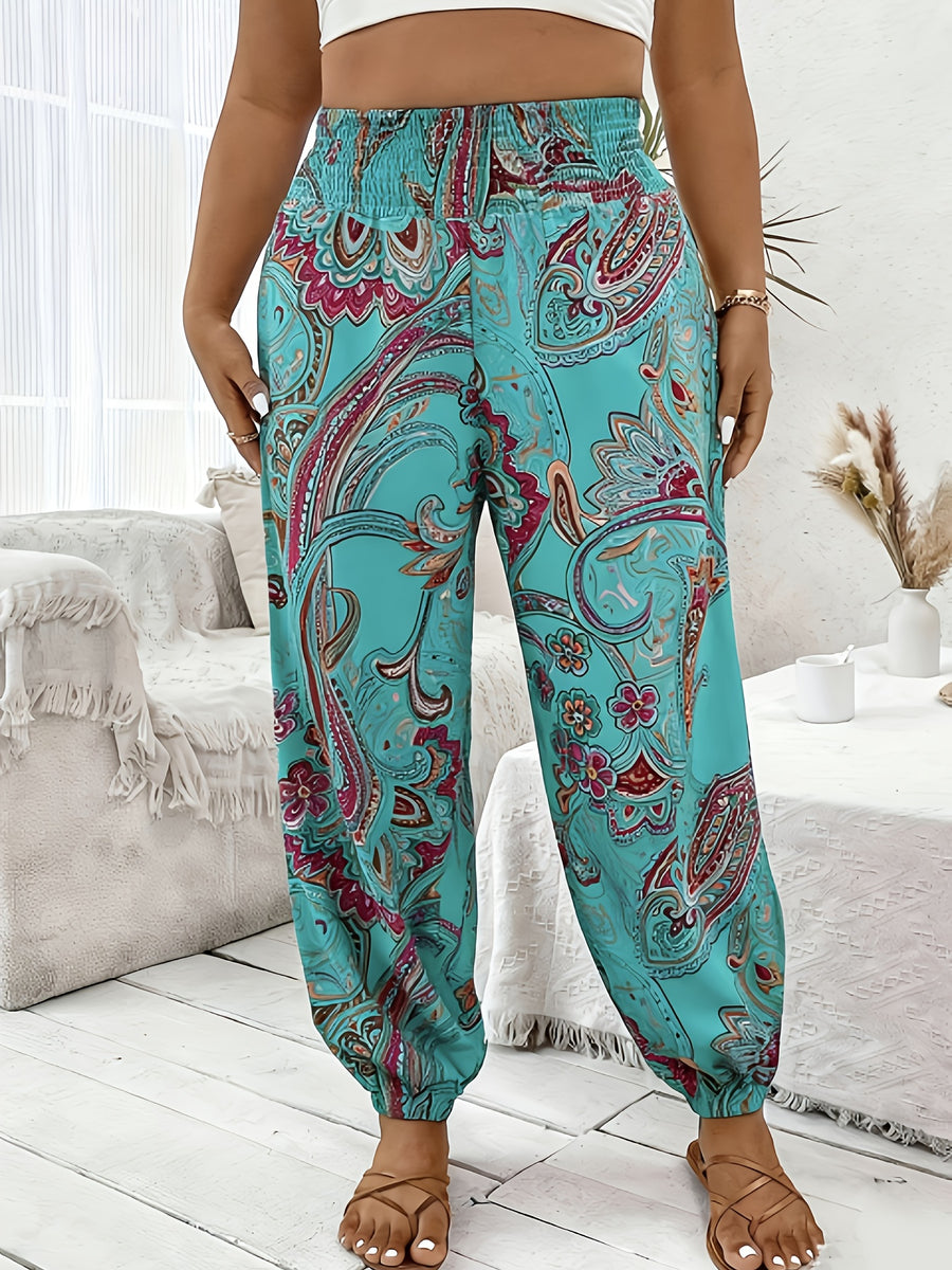 Vacation Full Body Printed High-Waist Elastic Waist Fashion Long Pants - Multicolor 1