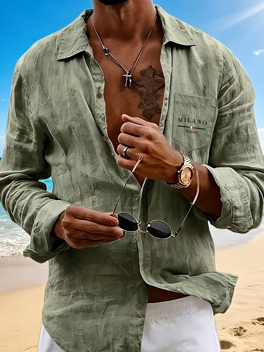 Men's Henley Shirt in Linen with Long Sleeves, Featuring Comfortable and Breathable Fabric with Trendy Printed Designs. Suitable for Daily Outings, Outdoor Sports, Travel, and Vacations. Lightweight and Breathable with a Regular Fit, Chest Pocket - Olive Green