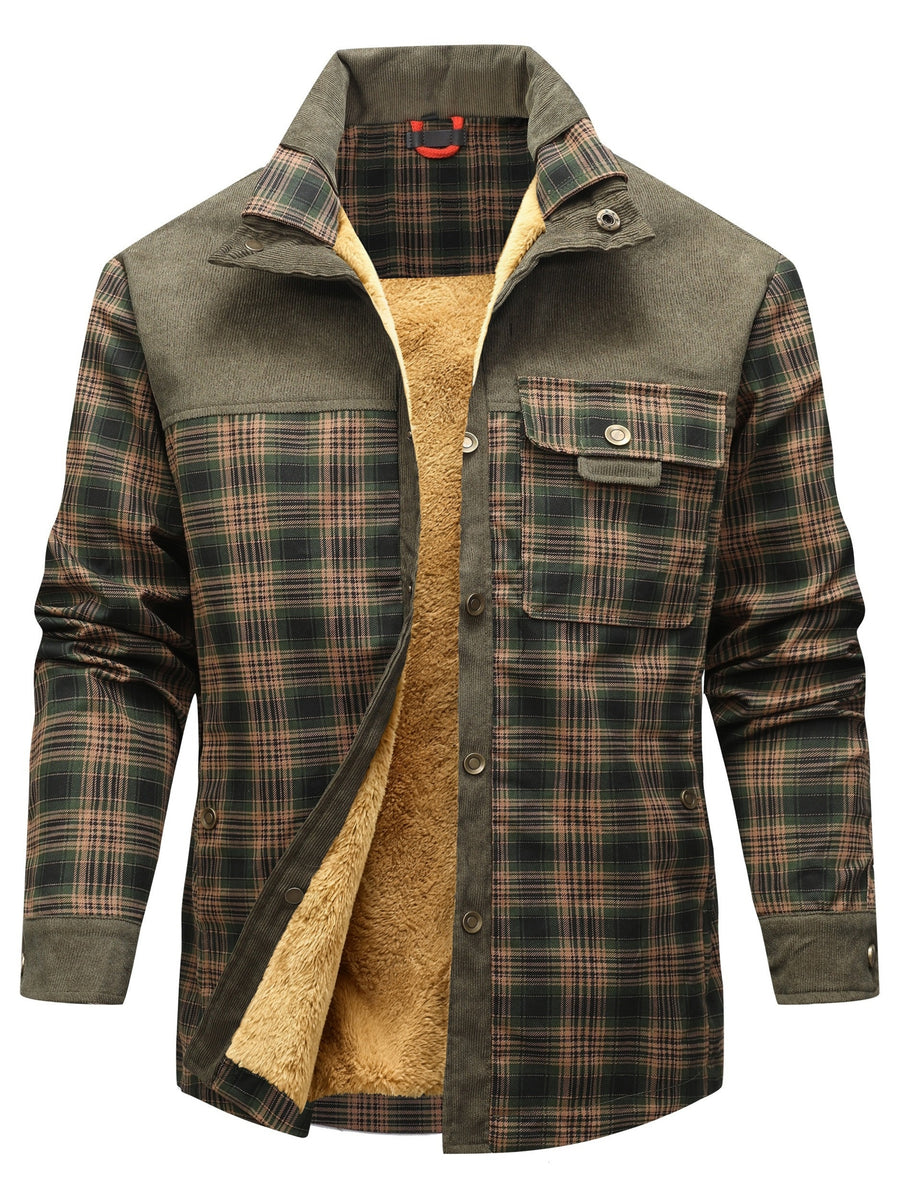 Men'S Casual Warm Fleece Lined Shirt Jacket, Chic Retro Plaid Long Sleeve Shirt for Fall Winter, Vintage, Regular Fit, Lapel, Daily - fern green
