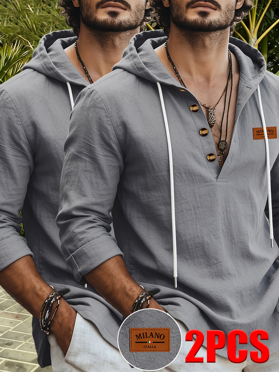 Men's Fashion Hoodie, Linen Long Sleeve Hooded Top Shirt, Henley Shirt, Linen Texture Hooded Henley Long Sleeve Shirt for Men, Half-Zip Wood Button Drawstring Hoodie, Vacation Style Loose Fit with Roll-Up Sleeves, Casual Top, 2pcs Set - Grey*2