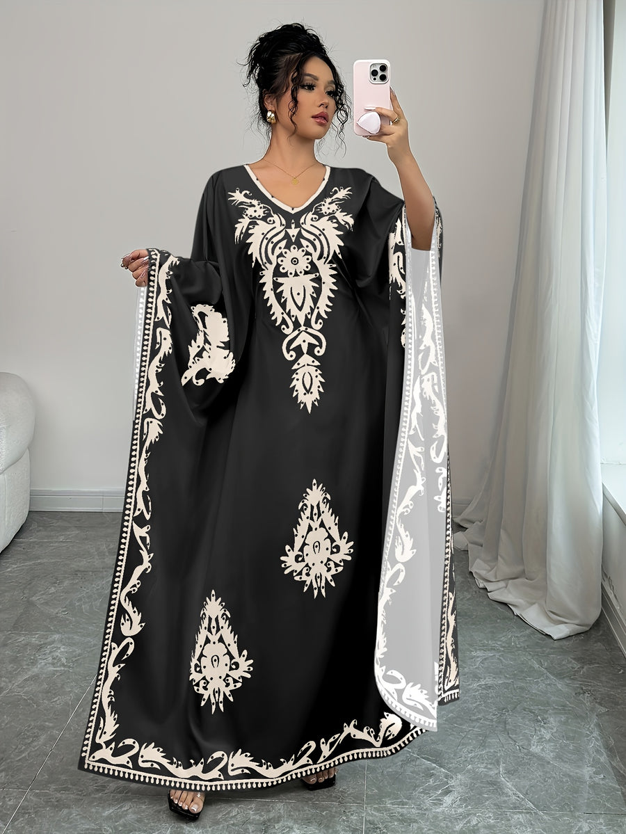 Casual Women's Middle Eastern Ethnic Print Loose Robe - Black