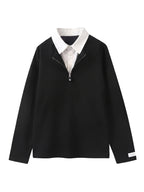 Men's 2-in-1 Look Lapel Long-Sleeve Shirt Sweatshirt with Half-Zip Design, Color-Block Patchwork, Layering Top, Commuting and Casual Pullover Shirt - Black
