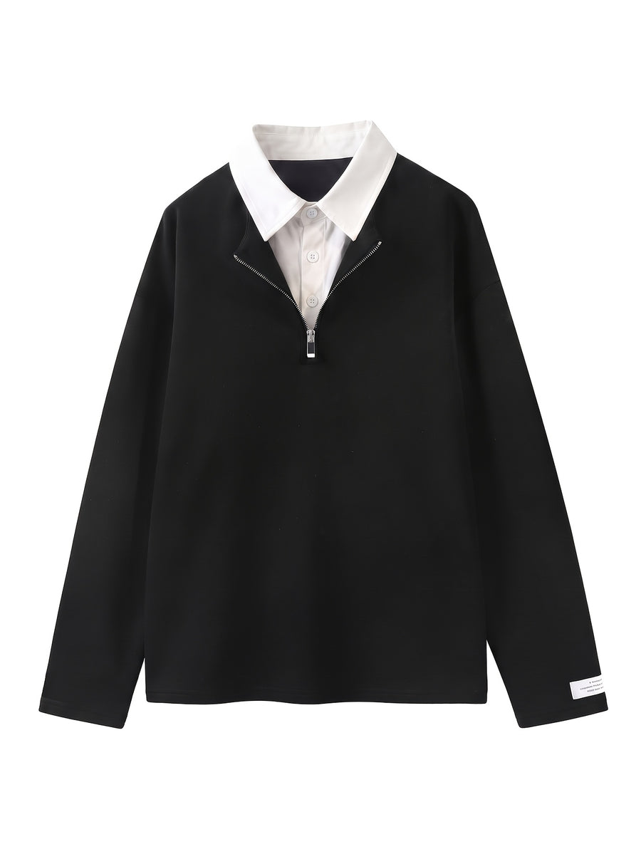 Men's 2-in-1 Look Lapel Long-Sleeve Shirt Sweatshirt with Half-Zip Design, Color-Block Patchwork, Layering Top, Commuting and Casual Pullover Shirt - Black