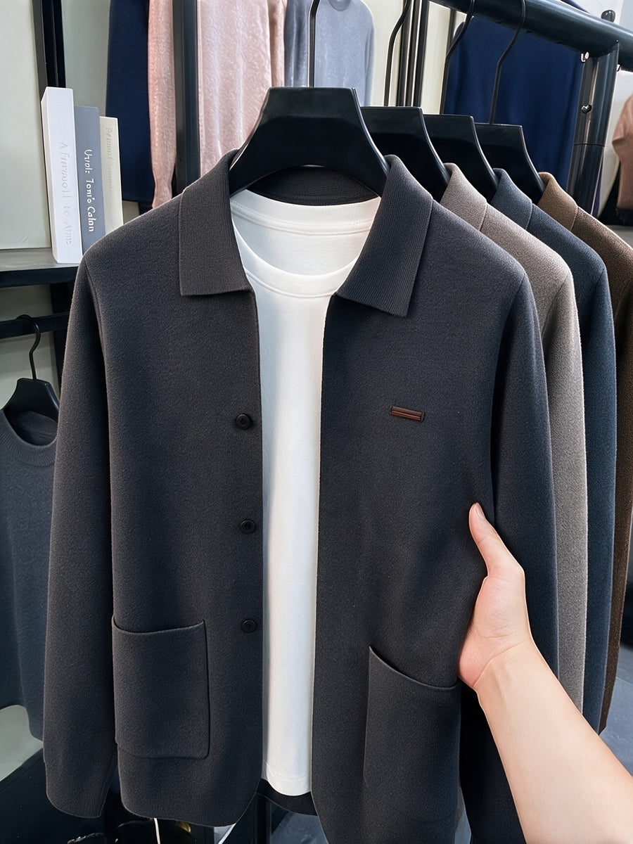 Du Jing Lan OBM Men's Autumn/Winter New Arrival Knitted Cardigan, Old Money Style Solid Color Single-Breasted Open Front Lapel Knit Cardigan, Men's Business Casual Fashion Open Front Knit Cardigan Top, Suitable for Layering in Spring - Dark Gray