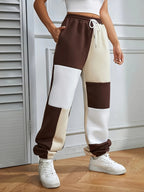 Plus Size, August 26th -developed Plus-size Color-blocked Wide-leg Pocket Casual Jogger Pants - Dark Brown
