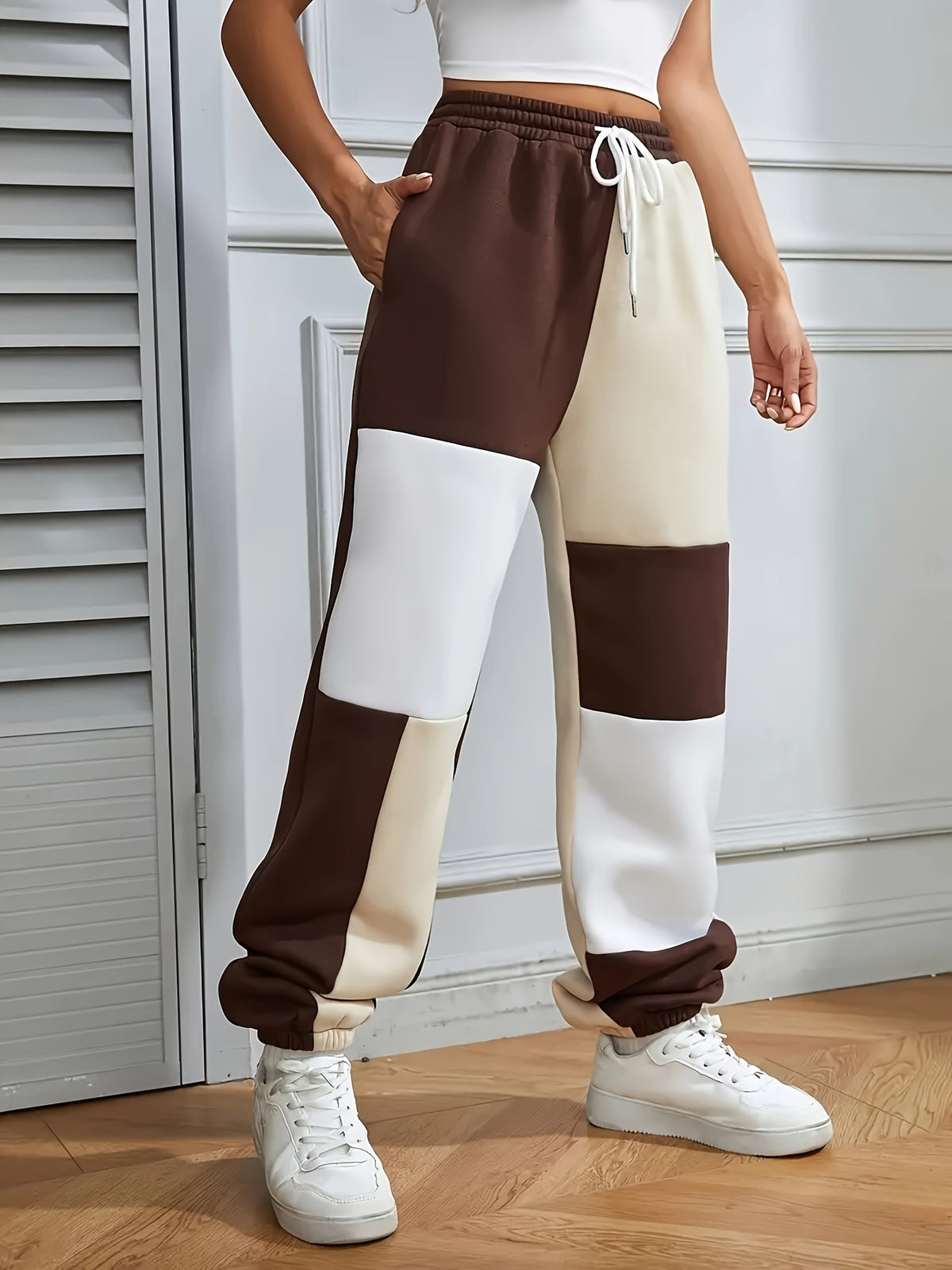 Plus Size, August 26th -developed Plus-size Color-blocked Wide-leg Pocket Casual Jogger Pants - Dark Brown