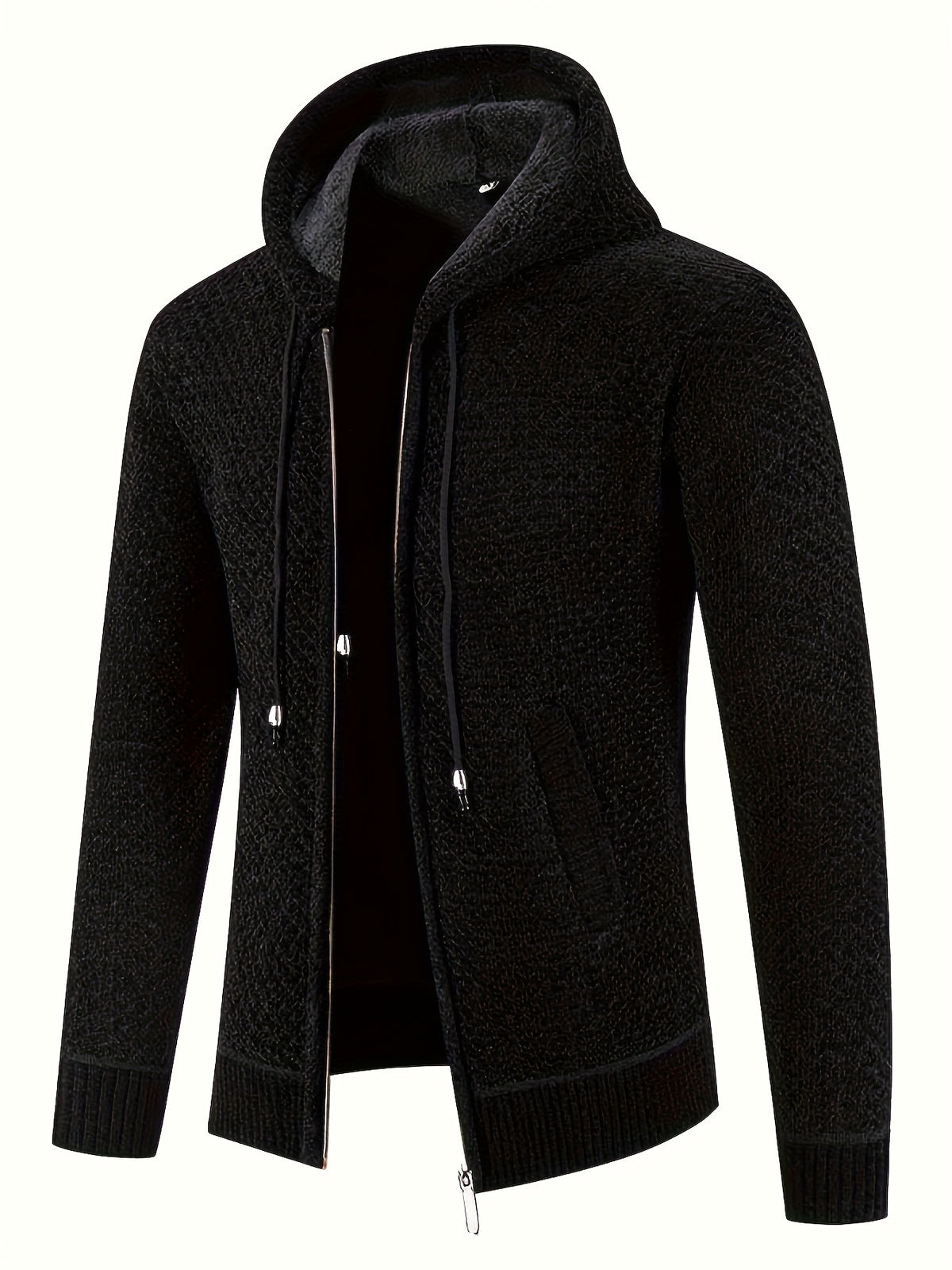 Men'S Premium Knit Cardigan Sweater, Chenille Fabric High Quality Hooded Thick Warm Sweater - Black 2