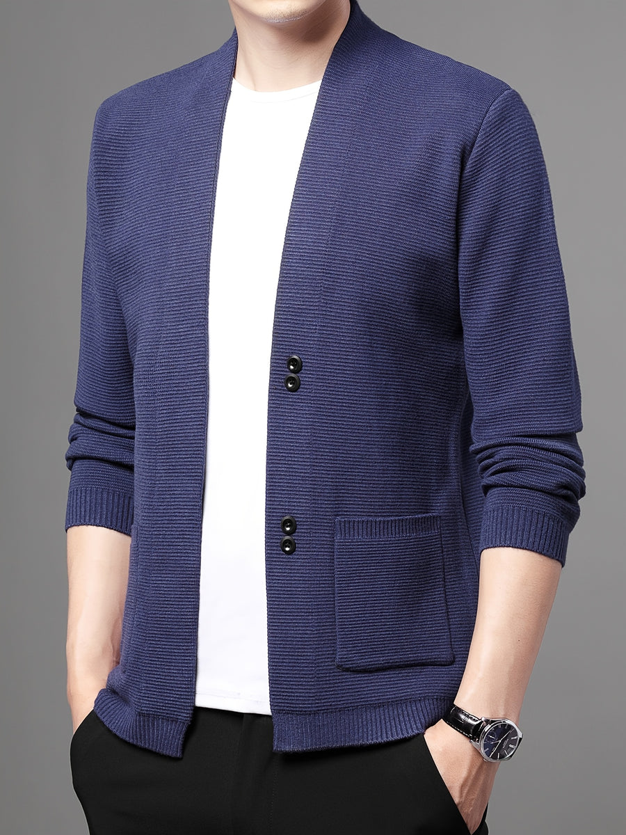 [Wading Whale OBM] Spring/Summer New Men'S Knit Cardigan, Old Money Style Solid Color V-Neck Long Sleeve Open Front Sweater Jacket with Single Button Closure And Side Pockets, Suitable for Spring And Autumn Layering Or Outerwear - Royal Blue