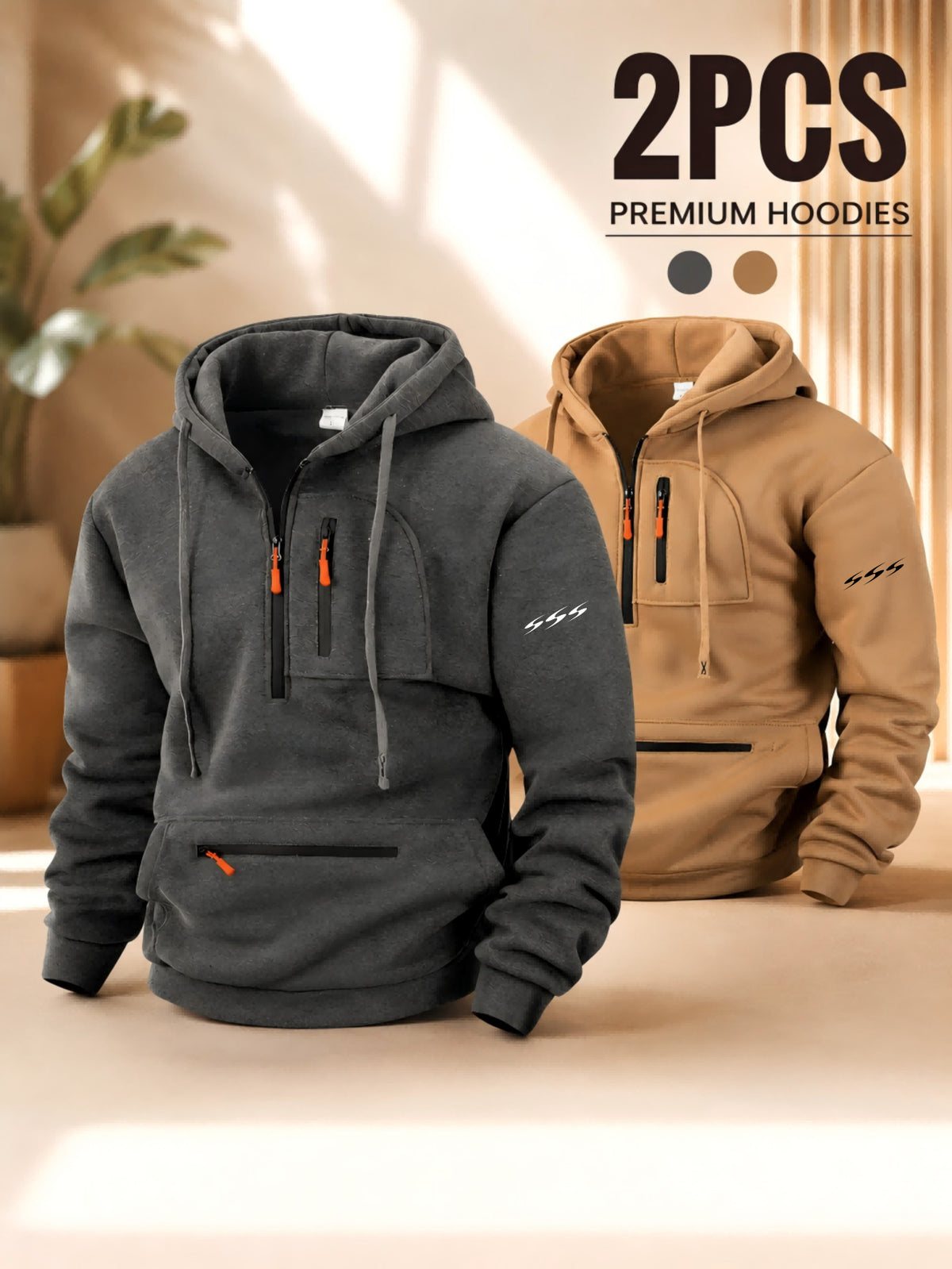 Men'S Hoodie with Multi-Zipper Pockets, Minimalist Graphic Print Casual Style Autumn Winter Wear 2pcs Set - Dark Grey+Khaki