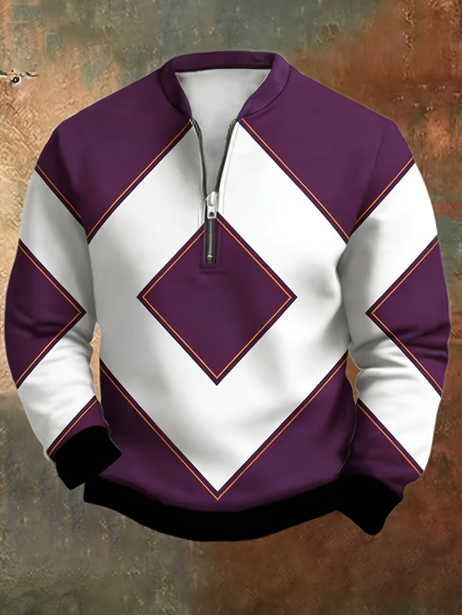 [Printed Design – Not Textured] Spring/Autumn Men's Stand Collar Half-Zip Polo Sweatshirt, Fashionable Printed Lightweight Sweatshirt for Daily Casual Versatile Wear - Mix color 5