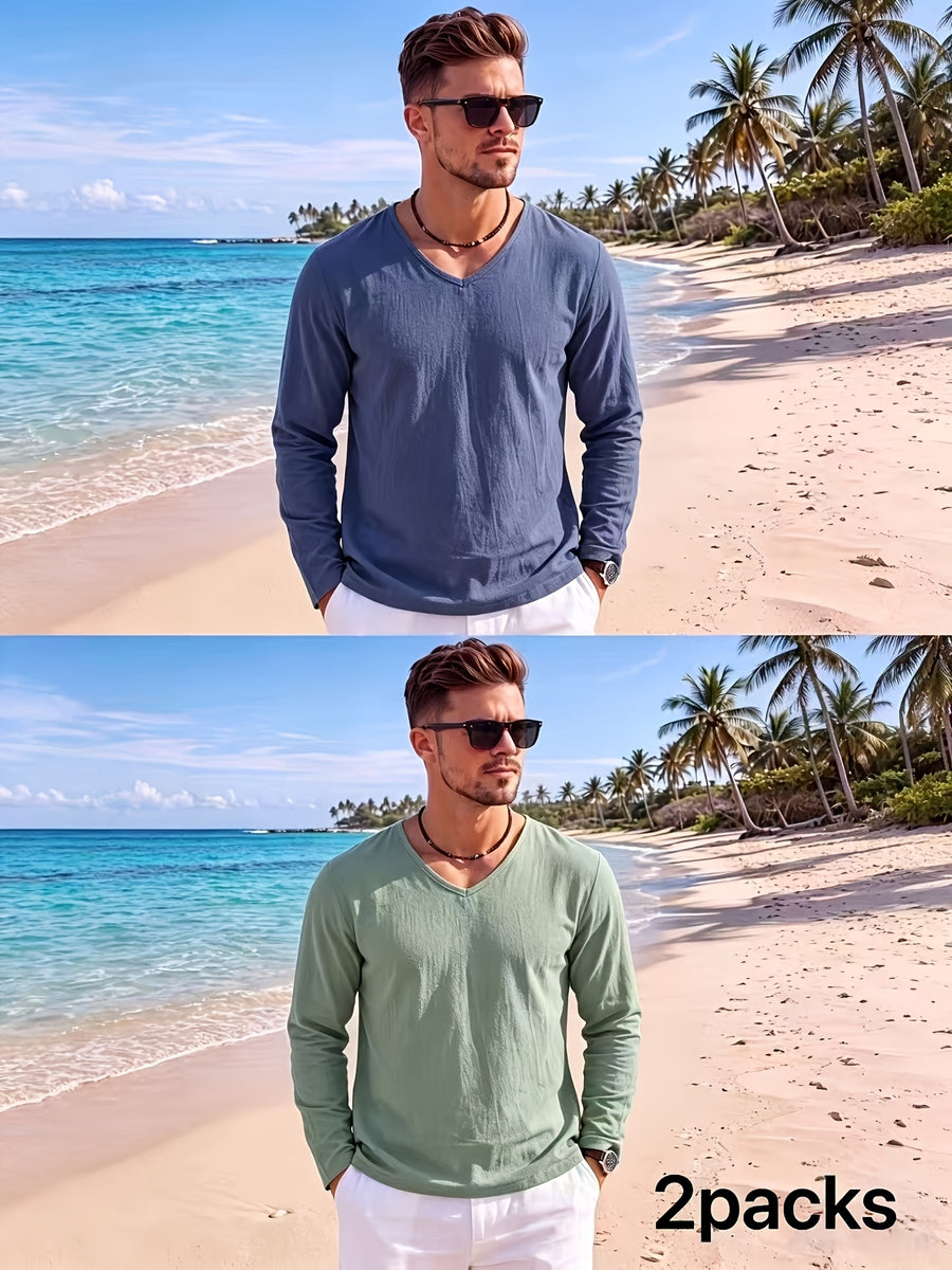 Men's 2pcs V-Neck Long Sleeve Linen T-Shirt, Breathable Loose Solid Color Top for Beach Outings and Daily Casual Wear - Navy Blue+Light Green