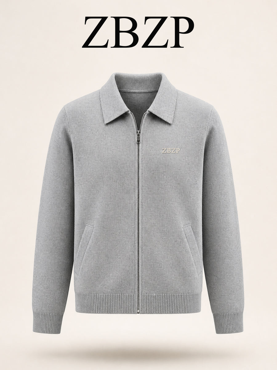 ZBZP Autumn/Winter Knitted Three-Dimensional Solid Color Lapel Sweater, Basic Knit Cardigan, Men's Fashion Knitwear Long-Sleeve Outerwear - Light Grey