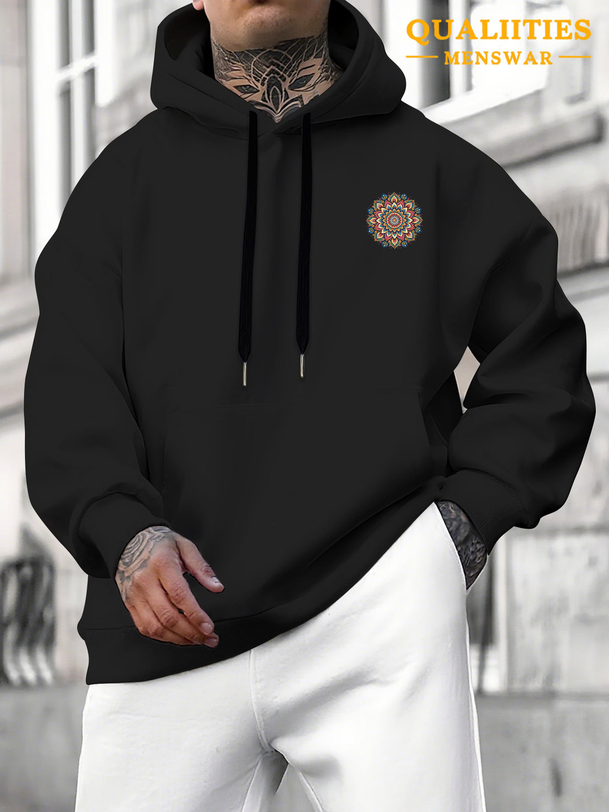 Men's "Mandala" Print Hooded Sweatshirt - Relaxed Fit, Simple and Distinctive Design, Loose Cut for Comfort and Style, Machine Washable Casual Pullover for Autumn/Winter, Suitable for Casual Wear, Hooded Sweater, Winter Apparel, Fashionable Design - Black