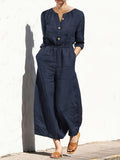 Summer New Fashion Casual Double Pocket Women's Jumpsuit with Button Detail for Vacation - Navy Color