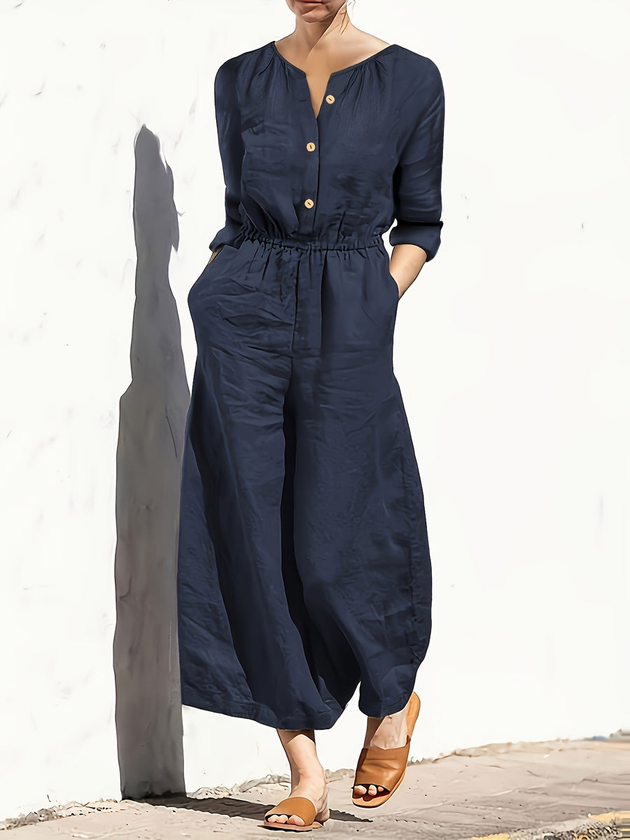 Summer New Fashion Casual Double Pocket Women's Jumpsuit with Button Detail for Vacation - Navy Color