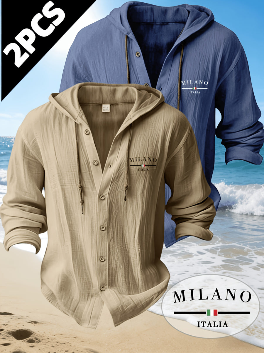 Zhiyu OBM 2pcs Men's Fashion Casual Beach Style Hooded Long Sleeve Open Front Cardigan | High-End Skin-Friendly Soft Shirt | 100% | Essential Golf Beach Polo Outfit | Breathable and Lightweight | for Indoor Gatherings and Outdoor Sports | Wardrobe - Apricot+Navy Blue