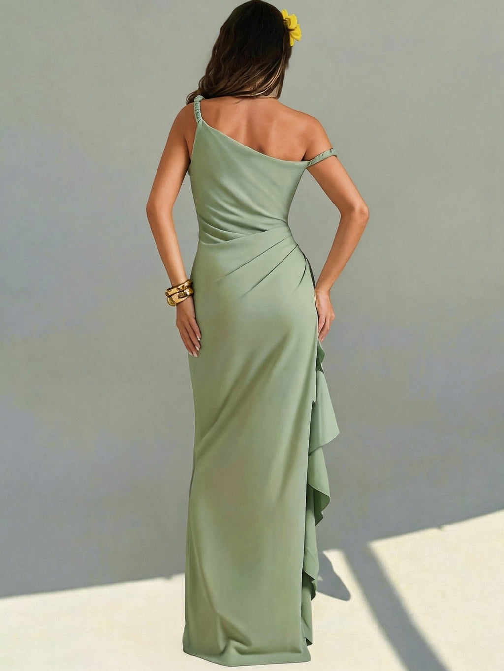 Women's Elegant Off-Shoulder Bridesmaid Dress with Twist Knot Strapless High Slit & Ruffled Wrap - Machine Washable Wedding Party Dress Suitable for Prom, Valentine's Day, Special Occasions, Long Evening Gown - Matcha Color